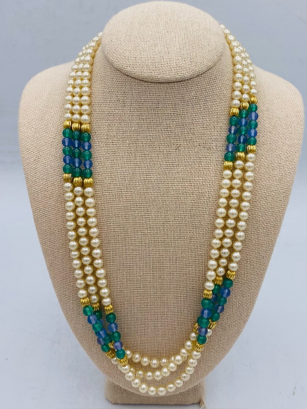 Vintage Multi Strand Faux Pearl Light Green, Blue And Gold Bead Choker Necklace